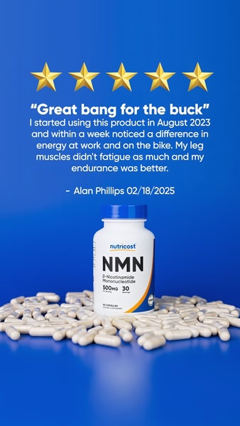 A high-contrast testimonial ad for Nutricost NMN supplements featuring a 5-star review overlaid on a bold blue background with product imagery.